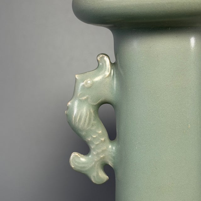 Ancient Chinese Longquan Celadon Carp Twin Handle Vase | One of a Kind For Sale - Image 4 of 9