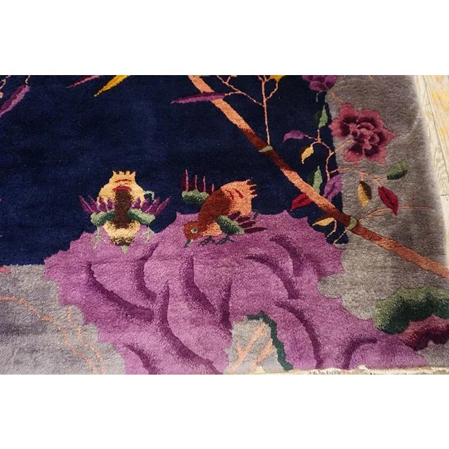 1920s Blue Navy Flowers Birds Antique Chinese Art Deco Carpet 9' X 11'10'' Knotted Wool Rug For Sale - Image 11 of 14