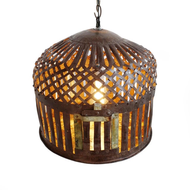 Farmhouse Industrial Farm Iron Basket Cage Pendant Light For Sale - Image 3 of 8