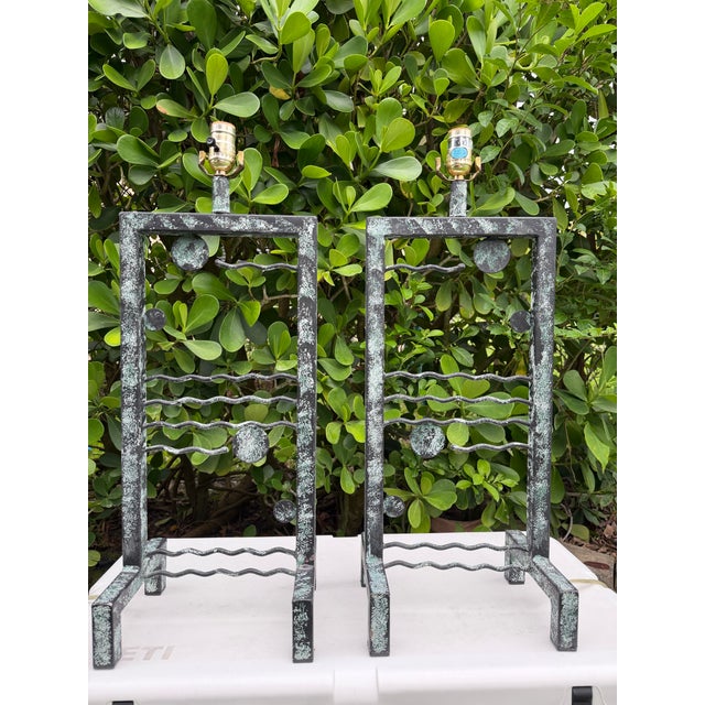 Late 20th Century Vintage Large Postmodern Memphis Style Iron Table Lamps With Faux Verdigris Finish, Pair For Sale - Image 5 of 12