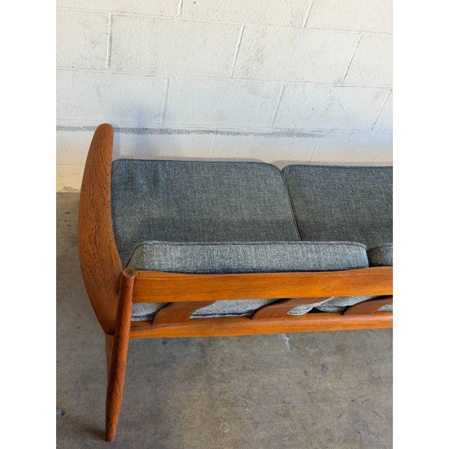 In Style of France and Son Cado Sofa Model 56 Couch Grete Jalk Teak Wood Grey Upholstered Denmark Mid-Century Modern 1960s For Sale - Image 10 of 13