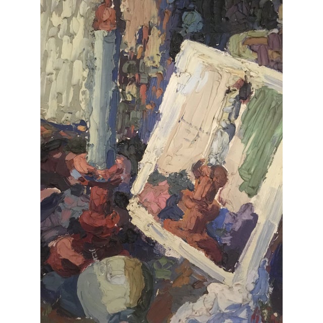 This traditional subject matter in this vintage painting takes on a Mid-century feel with the thick textures used by the...