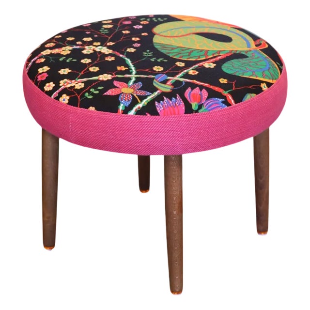 Danish Round Stool in Linen Fabric by Josef Frank for Firma Svenskt Tenn, 1960s For Sale