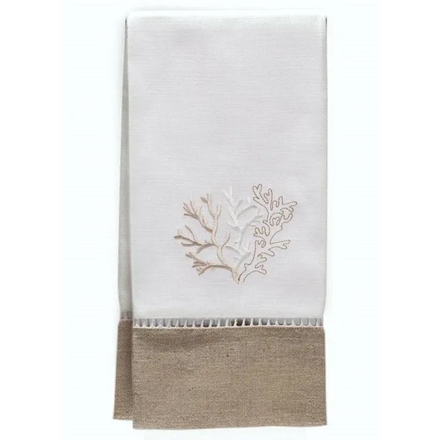 Traditional Coral Guest Towel in Beige Combo Linen, Embroidered For Sale - Image 3 of 4