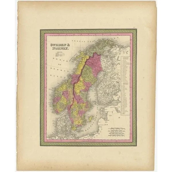 Antique map titled 'Sweden & Norway'. Old map of Sweden and Norway. This map originates from 'A New Universal Atlas...