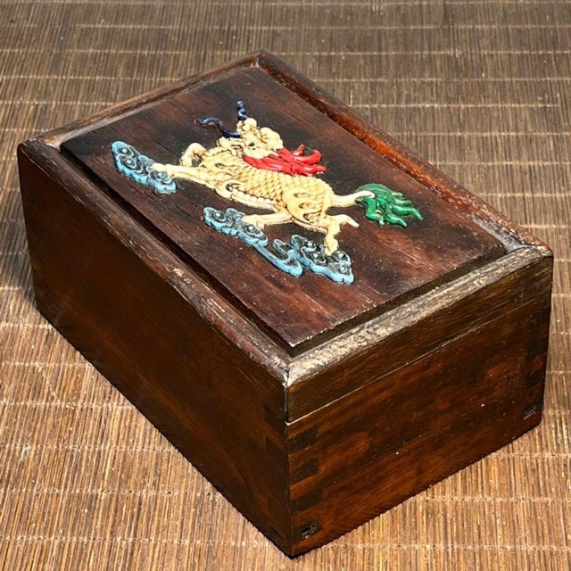 Carved Wood Box With Bone Inlay Auspicious Beast Motif For Sale - Image 4 of 9