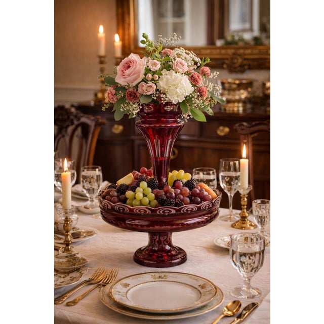 This Bohemian 2 Pc Red Crystal Art Glass Centerpiece Bowl Vase Epergne is a stunning piece of glassware made in the Czech...