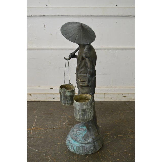 Bronze Weathered Asian Garden Statue of Man Carrying Water Buckets