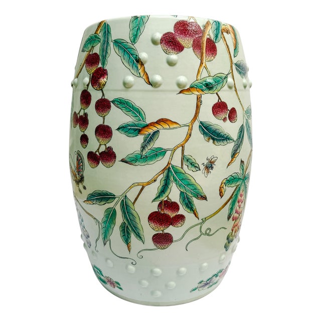 Vintage Hand-Painted Famille Rose Lychee & Grape Porcelain Garden Stool For Sale