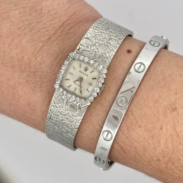 Rolex Precision 18k White Gold 18mm Diamond Bezel Watch For Sale - Image 10 of 12