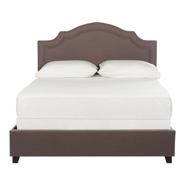 Upholstered Bed in Dark Taupe & Brass - Queen For Sale
