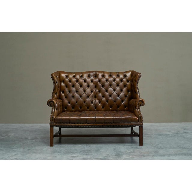 Wood English Tufted Wingback Settee in Patinated Leather, 1900 For Sale - Image 7 of 17