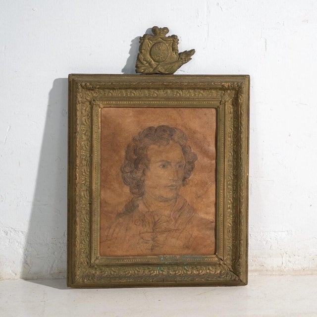 Brown Antique Pencil Portrait in Gilded Frame, Central Europe, 1840 For Sale - Image 8 of 8