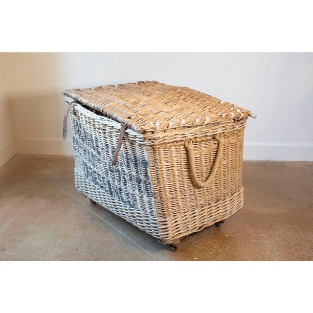 Early 20th Century English Wicker Laundry Basket on Wheels with Stenciled Labeli For Sale - Image 4 of 8