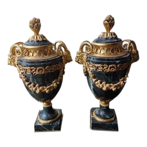 Mid 20th Century Magnificent French Dore Bronze and Marble Urns - a Pair
