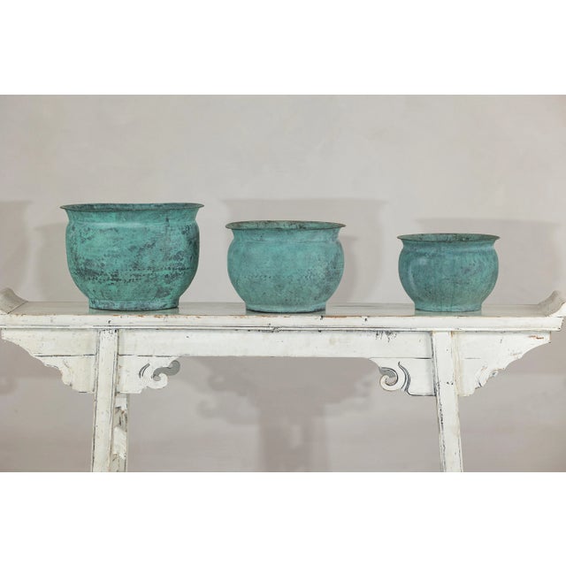 Vintage Indian Copper Cache Pots with Verdigris Patina - Set of 3 For Sale - Image 11 of 12