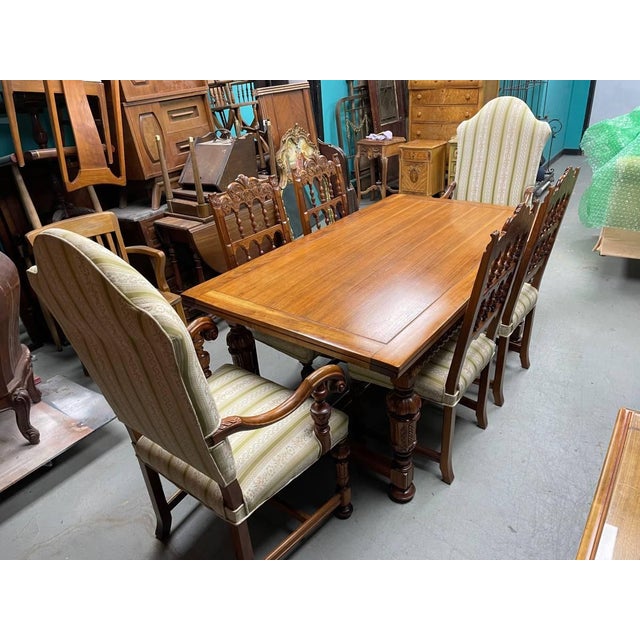 Antique Hand Carved Extending Dining Table, Berkey & Gay, Jacobean Revival, Walnut Wood, Glass Top For Sale - Image 10 of 13