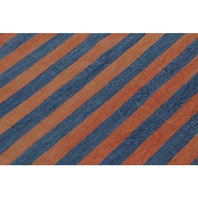2010s Rug & Kilim’s Indian Dhurrie Runner in Blue and Rust Geometric Stripes For Sale - Image 5 of 9