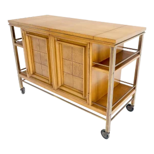 Brass Burl Wood Fruitwood Flip Top Expandable Serving Bar Cart Liquor Cabinet
