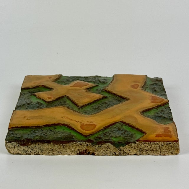American Early 20th Century Decorative American Encaustic Tile (Aetco) With Modern Design in Orange-Yellow & Green For Sale - Image 3 of 8