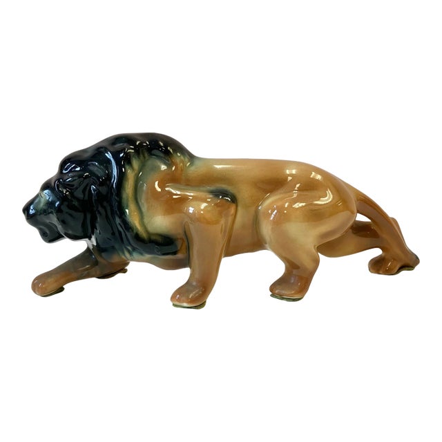 Vintage Mid Century Ceramic Lion Statue For Sale