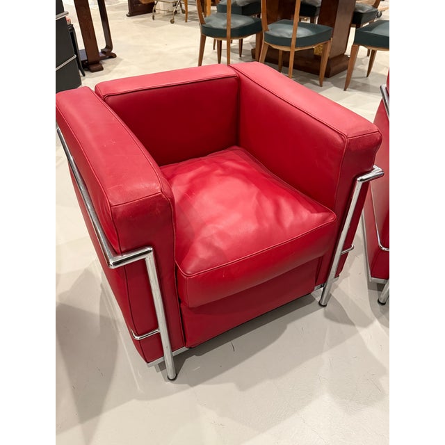 Modern Chrome and Red Leather Club Chairs in the Style of Le Corbusier - A Pair For Sale - Image 3 of 14