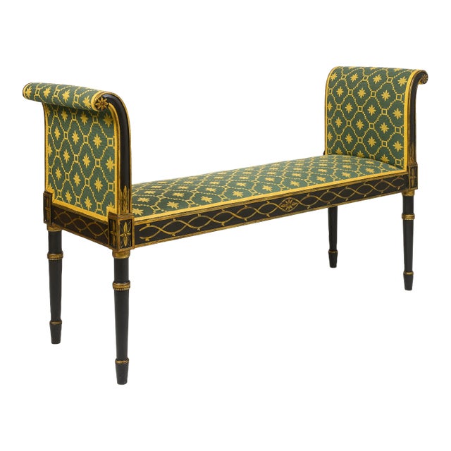 A Hepplewhite Style Black and Ochre Painted Upholstered Window Bench For Sale