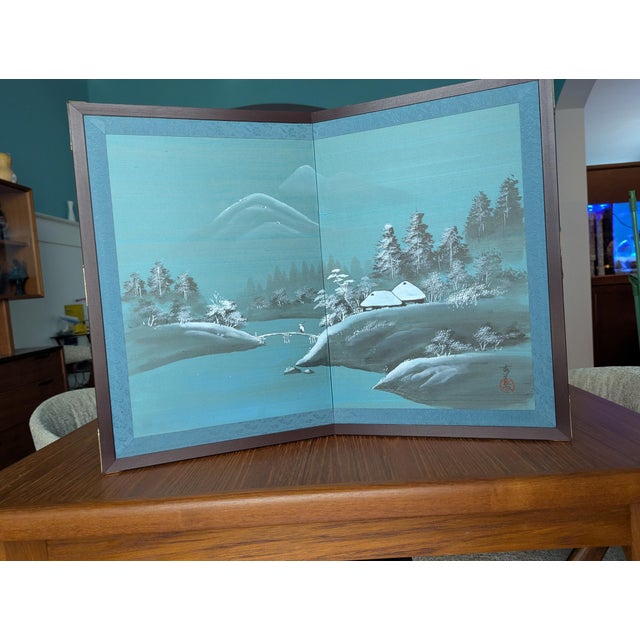 Mid-Century Modern 1970s Vintage Japanese 2-Panel Desktop Byōbu Folding Screen Signed Seihō - Winter Landscape For Sale - Image 3 of 12