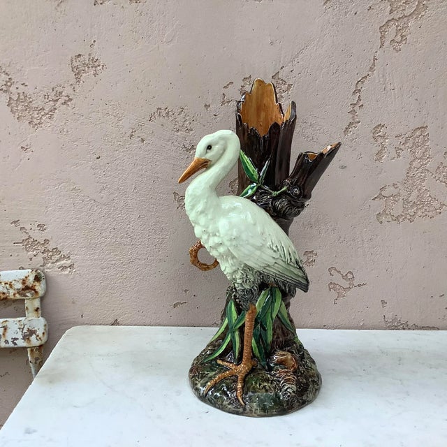1890 Delphin Massier Majolica Stork Vase For Sale - Image 10 of 10