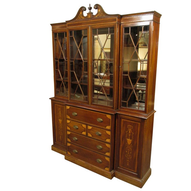 Traditional Mid 20th Century Edwardian Inlaid Breakfront For Sale - Image 3 of 13