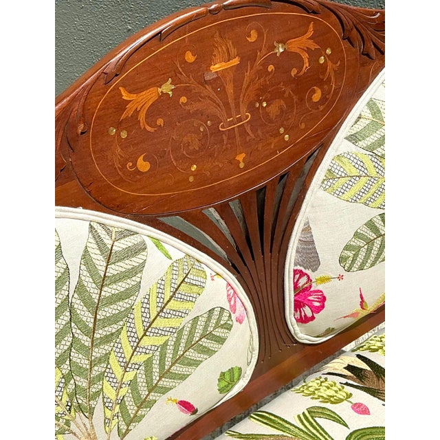 Brown Vintage Carved Wood Settee With Embroidered Botanical Upholstery For Sale - Image 8 of 12