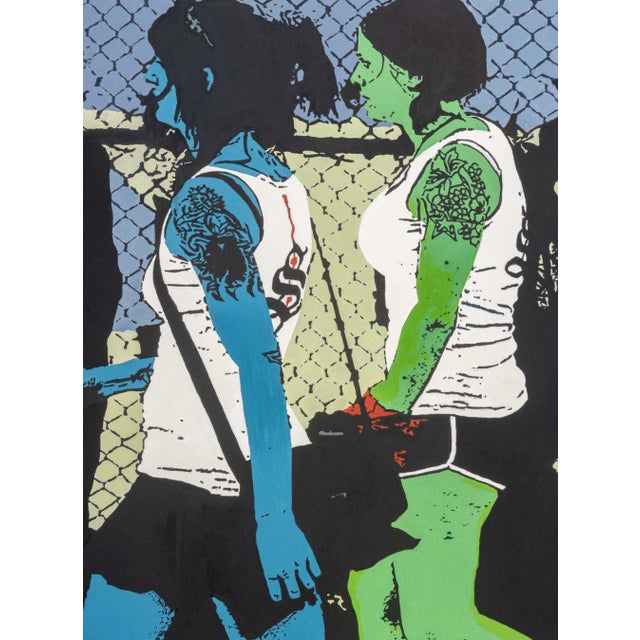 Contemporary School, Figures in a Schoolyard, Mixed Media on Canvas, unsigned, unframed. 71.75" H x 59.75" W x 1.5" D....