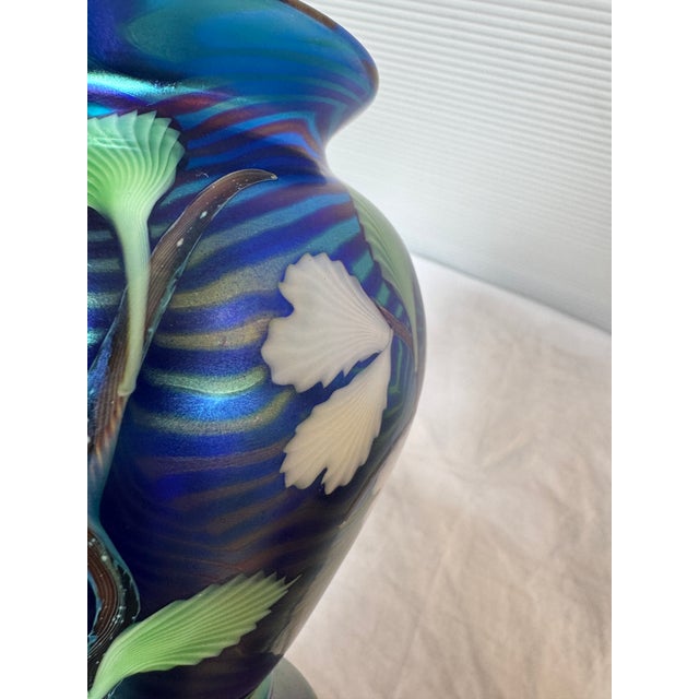Blue Orient & Flume Floral Blue Art Glass Vase, Signed For Sale - Image 8 of 12
