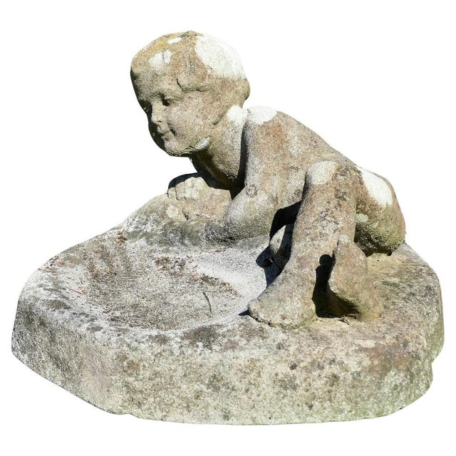 Stone Weathered Garden Bird Bath with Small Child, 1930s For Sale - Image 7 of 7