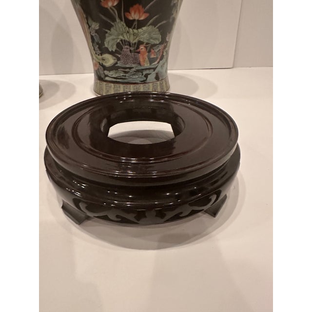 Black Asian Palace Jars With Foo Dog Finials and Ebonized Stands -a Pair For Sale - Image 8 of 13
