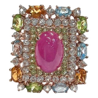 Bochic “Orient” Vintage Ruby & Multi Sapphire Cocktail Ring Set In 18K Gold & Silver For Sale