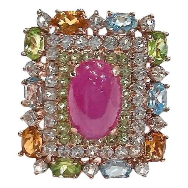 Bochic “Orient” Vintage Ruby & Multi Sapphire Cocktail Ring Set In 18K Gold & Silver For Sale