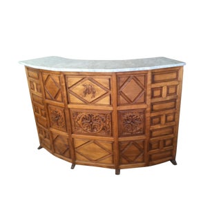 Hand Carved Wooden Bar With Marble Top For Sale