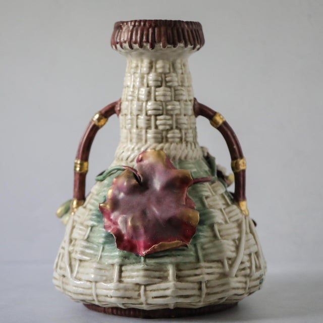 Art Nouveau Amphora Turn-Teplitz Art Nouveau Basket-Weave Floral Vase Circa 1900 For Sale - Image 3 of 14