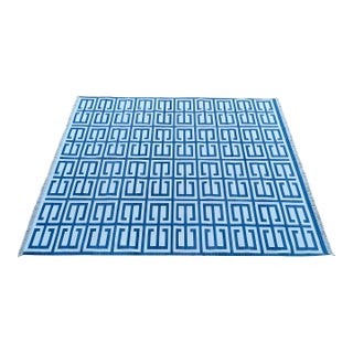 Not Yet Made - Made To Order Handmade Cotton Natural Vegetable Dyed Sky Blue and White Geometric Pattern Rug - 5'x7' For Sale