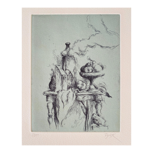 Samuel BakSamuel Bak Surrealist Etching Israeli Bezalel Artist "Hidden Pear", Fruit Bowl