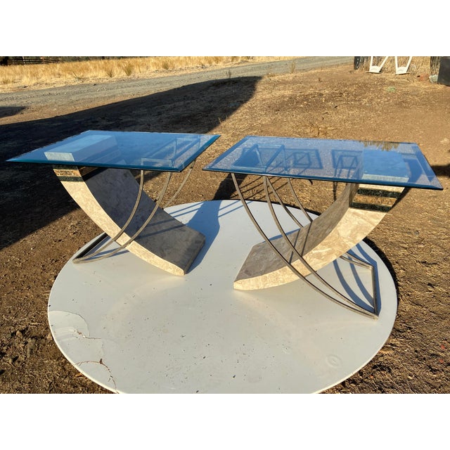 This Vintage Postmodern Tessellated Stone & Glass Sculptural side end Tables set in the style of Maitland-smith company is...
