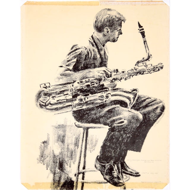 Gerry Mulligan, Baritone Sax - Rare Signed Figurative Lithograph in Ink on Paper Bold lithograph by Eugene Hawkins...