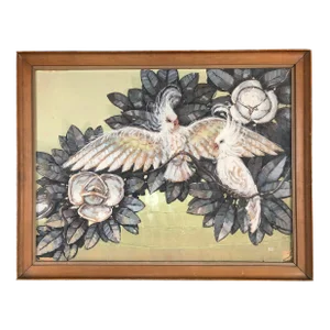 1940s Billy Seay Cockatoo and Hibiscus Airbrush Painting, Framed