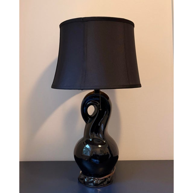 Vintage Sculptural Black & Gold Ceramic Lamps, Companion Pair, Mid-Century Atomic Era For Sale - Image 4 of 10