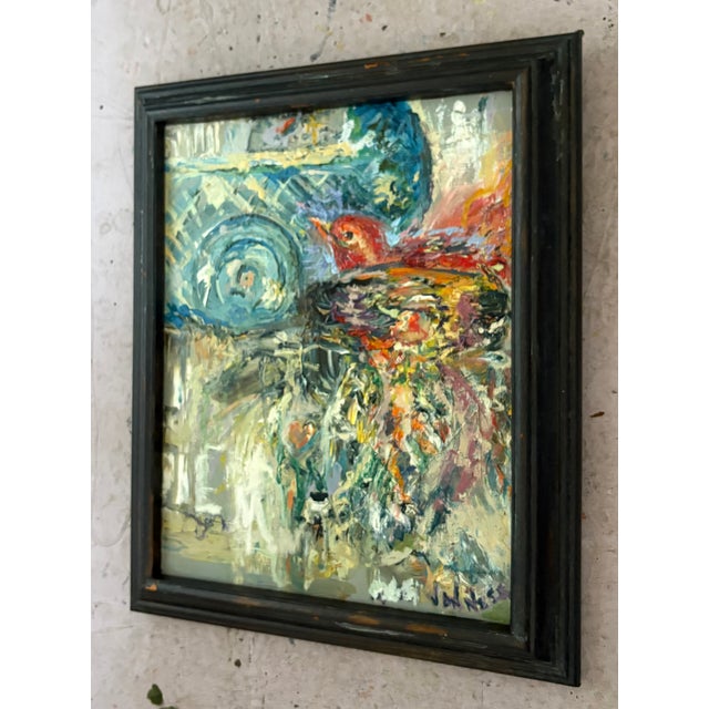 "Bird on Its Ladder", Framed, Oil Painting, Aviary Art For Sale In Saint Louis - Image 6 of 7