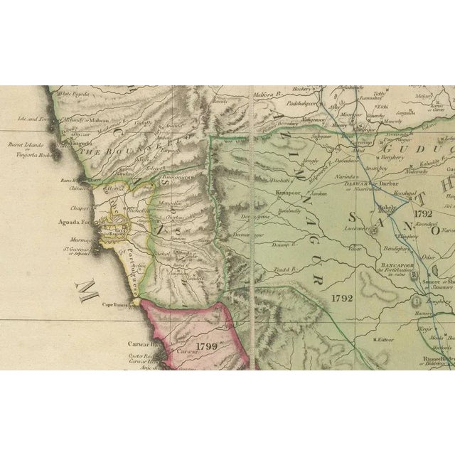 Large Decorative Colonial-Era Map of South India Peninsula of India, 1800 For Sale - Image 6 of 13