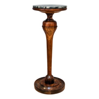 Vintage Baluster Turned Wood Pedestal Accent Table With Gray Marble Top For Sale