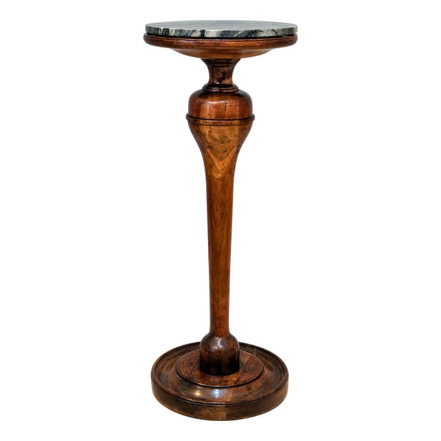 Vintage Baluster Turned Wood Pedestal Accent Table With Gray Marble Top For Sale