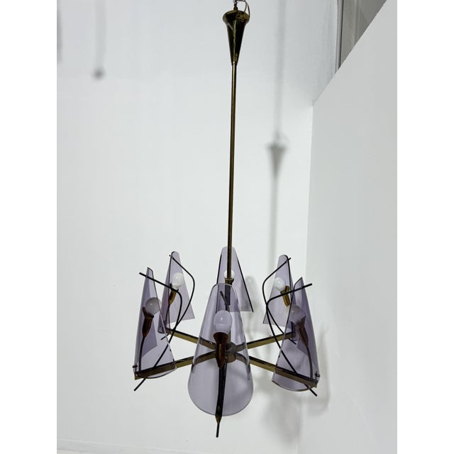 Brass and Purple Acrylic Glass Chandelier in the style of Stilux Milano, 1960s For Sale - Image 14 of 14